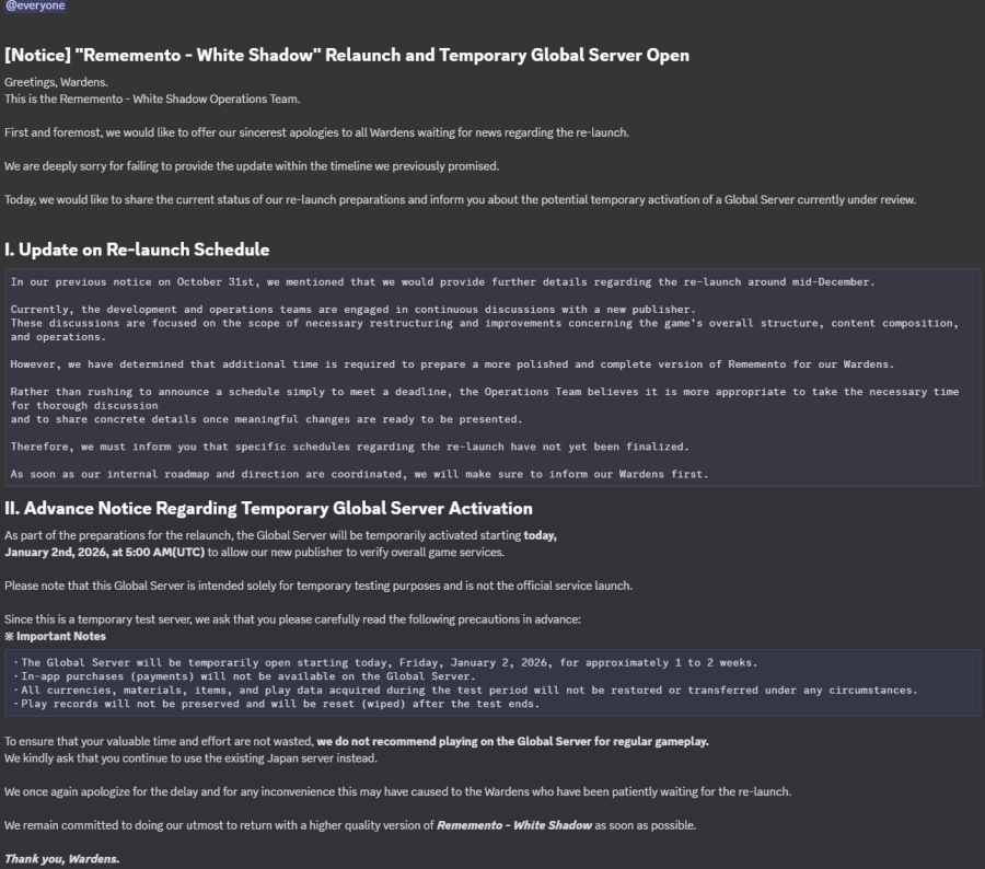 Rememento: White Shadow Temporary Server