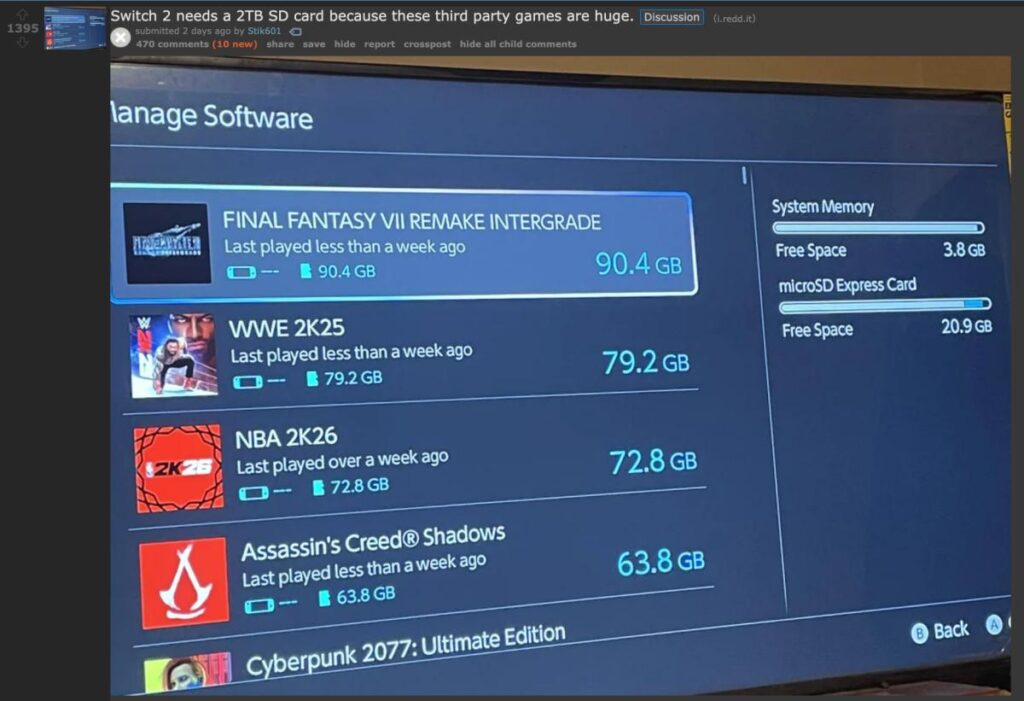 แฟนเกมมอง ปริมาณพื้นที่ 256GB ของ Switch 2 เริ่มไม่พอแล้วในตอนนี้