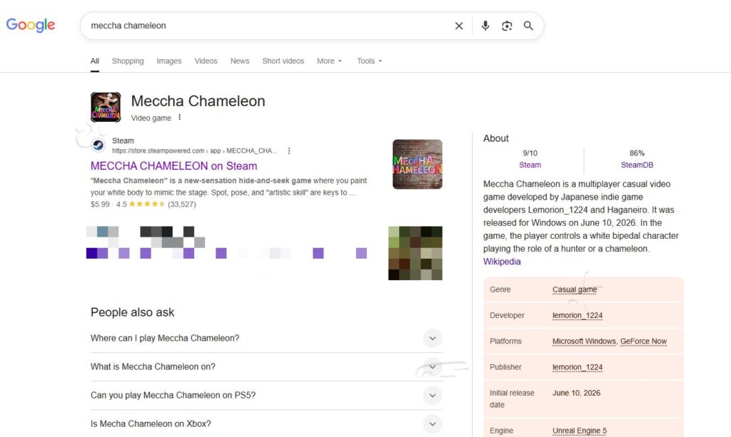 พิมพ์ชื่อเกม MECCCHA CHAMELEON บน Google แล้วจะเจอเจ้าตัวจิ๋วแอบอยู่
