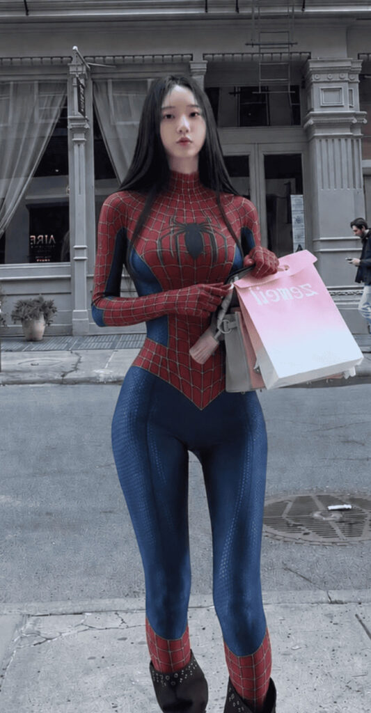 Shin Jae Eun โมเดลต้นแบบ Eve สวมชุด Spider-Man เดินกลางนิวยอร์ก