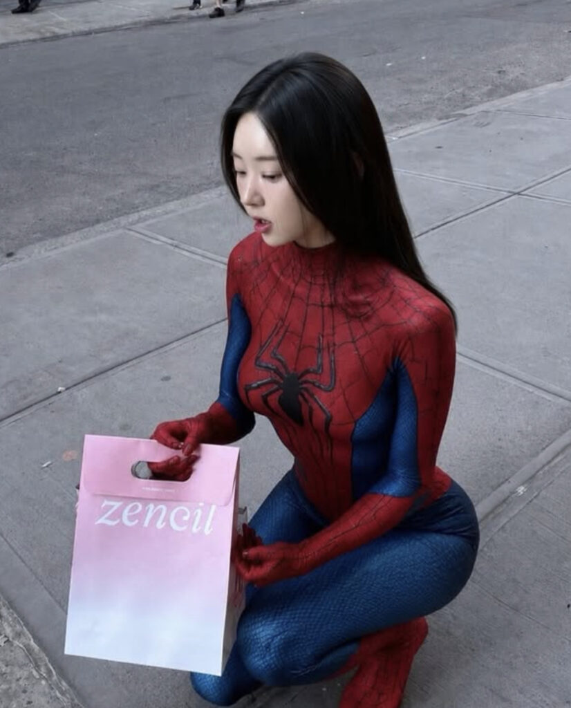 Shin Jae Eun โมเดลต้นแบบ Eve สวมชุด Spider-Man เดินกลางนิวยอร์ก
